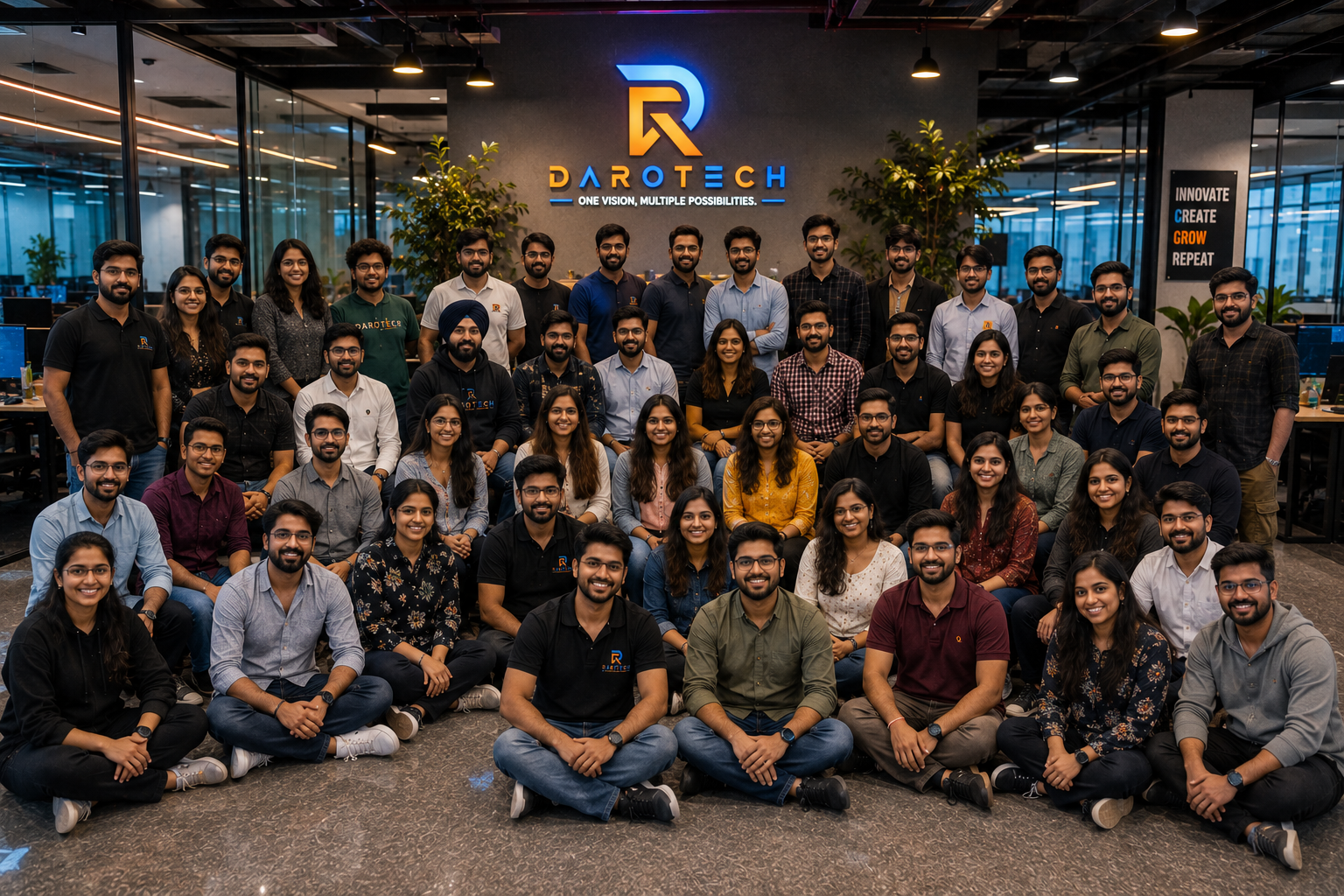 The Darotech team in our office under the Darotech logo